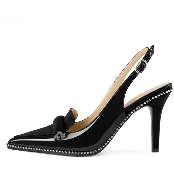 Women Black Stiletto Beaded Pointed Toe Shoes Slip On Loafers Slingback Heels - Picture 5 of 6